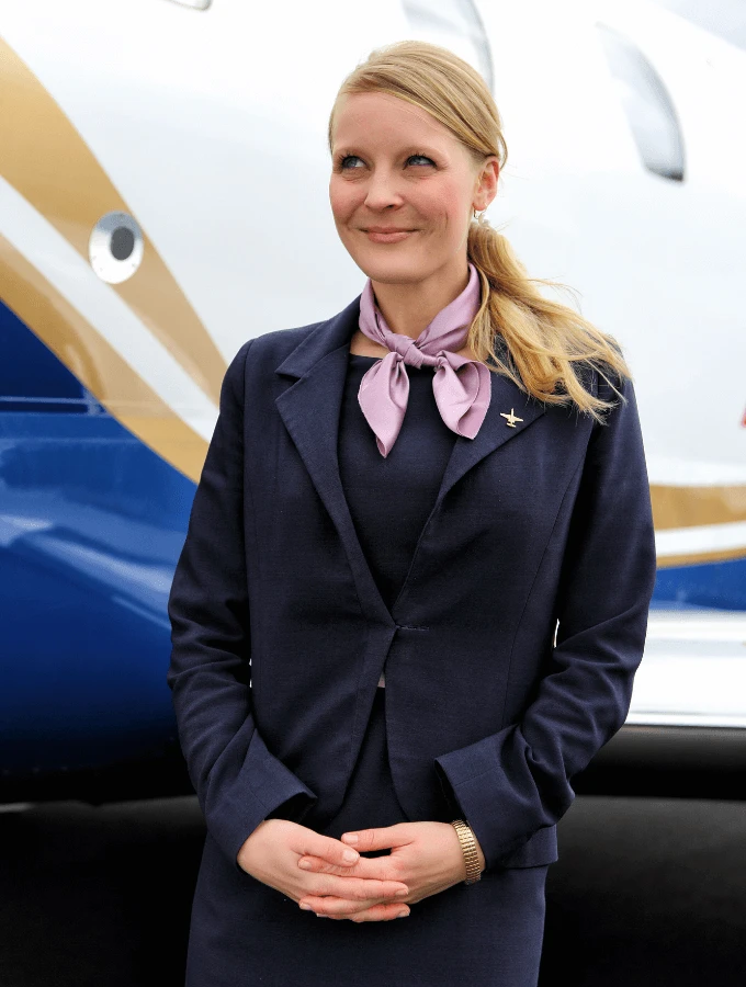 Airline cabin crew and ground staff wearing custom aviation uniforms